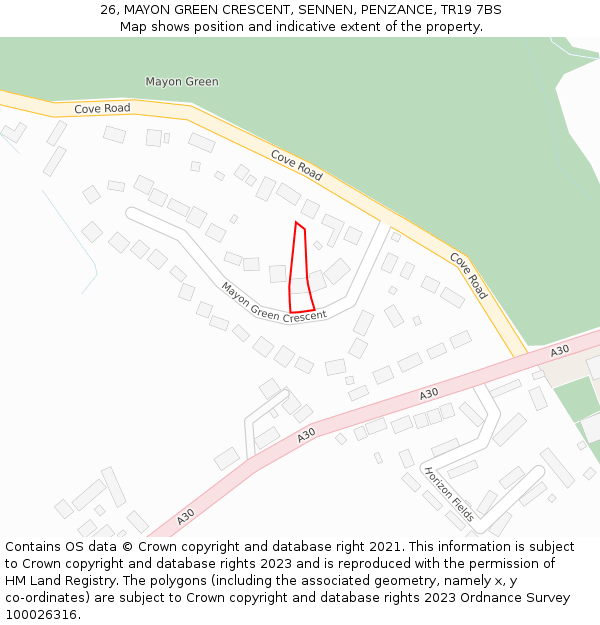 26, MAYON GREEN CRESCENT, SENNEN, PENZANCE, TR19 7BS: Location map and indicative extent of plot