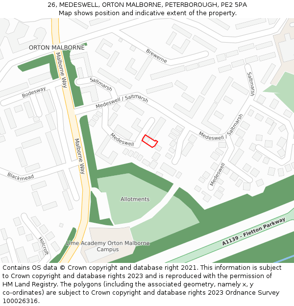 26, MEDESWELL, ORTON MALBORNE, PETERBOROUGH, PE2 5PA: Location map and indicative extent of plot