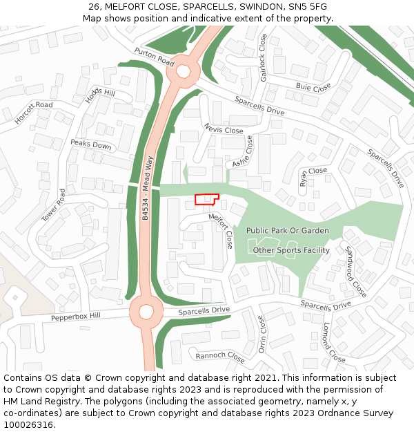 26, MELFORT CLOSE, SPARCELLS, SWINDON, SN5 5FG: Location map and indicative extent of plot