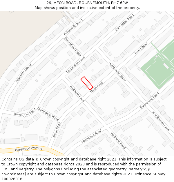 26, MEON ROAD, BOURNEMOUTH, BH7 6PW: Location map and indicative extent of plot
