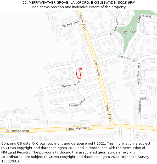 26, MERRYWEATHER GROVE, LANGFORD, BIGGLESWADE, SG18 9FW: Location map and indicative extent of plot