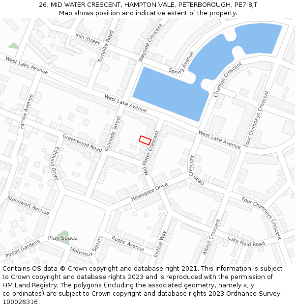 26, MID WATER CRESCENT, HAMPTON VALE, PETERBOROUGH, PE7 8JT: Location map and indicative extent of plot