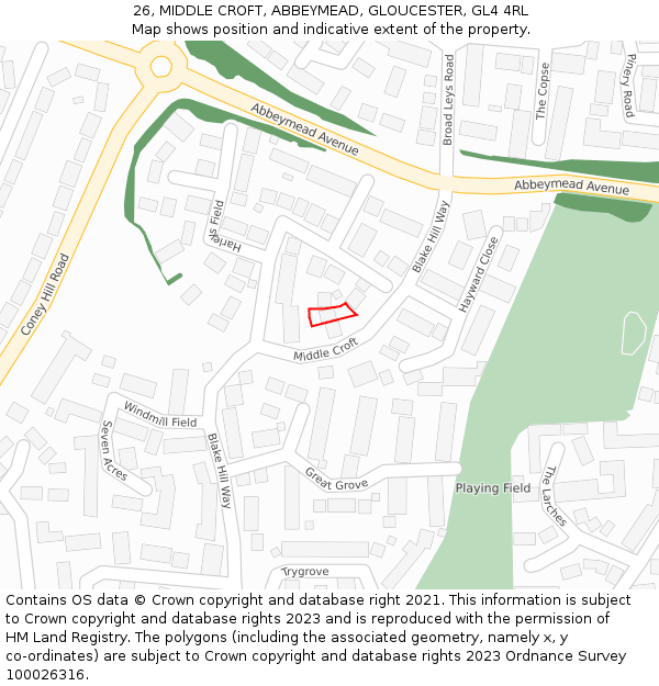 26, MIDDLE CROFT, ABBEYMEAD, GLOUCESTER, GL4 4RL: Location map and indicative extent of plot