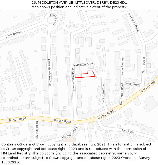 26, MIDDLETON AVENUE, LITTLEOVER, DERBY, DE23 6DL: Location map and indicative extent of plot