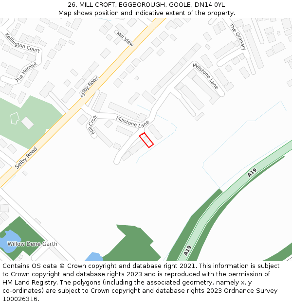 26, MILL CROFT, EGGBOROUGH, GOOLE, DN14 0YL: Location map and indicative extent of plot