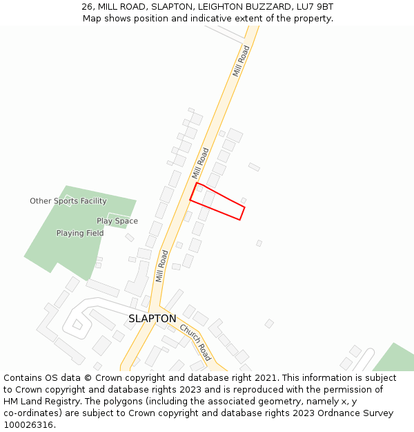 26, MILL ROAD, SLAPTON, LEIGHTON BUZZARD, LU7 9BT: Location map and indicative extent of plot