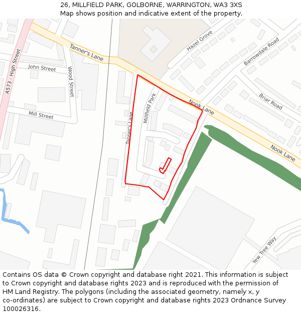26, MILLFIELD PARK, GOLBORNE, WARRINGTON, WA3 3XS: Location map and indicative extent of plot