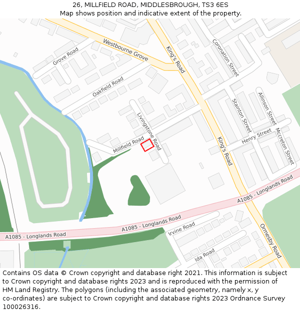 26, MILLFIELD ROAD, MIDDLESBROUGH, TS3 6ES: Location map and indicative extent of plot
