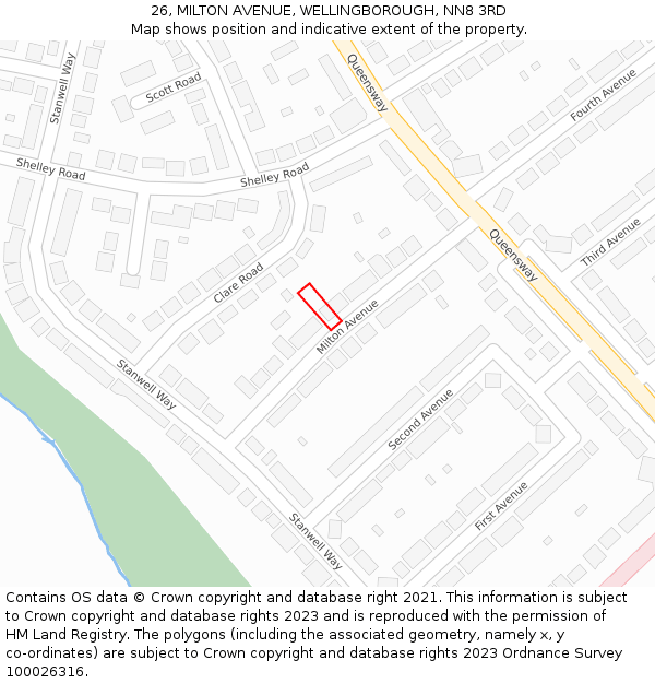 26, MILTON AVENUE, WELLINGBOROUGH, NN8 3RD: Location map and indicative extent of plot
