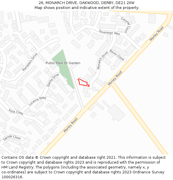 26, MONARCH DRIVE, OAKWOOD, DERBY, DE21 2XW: Location map and indicative extent of plot