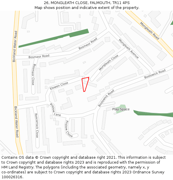 26, MONGLEATH CLOSE, FALMOUTH, TR11 4PS: Location map and indicative extent of plot