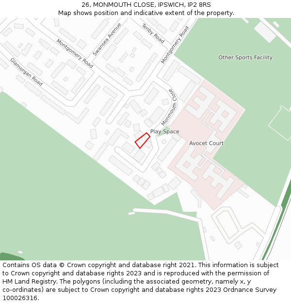 26, MONMOUTH CLOSE, IPSWICH, IP2 8RS: Location map and indicative extent of plot