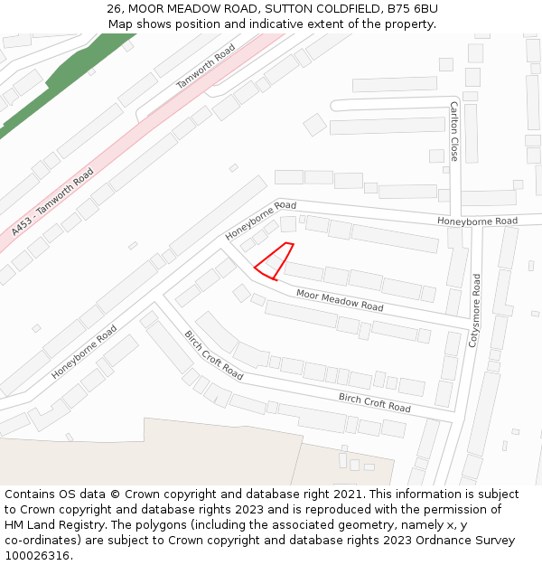 26, MOOR MEADOW ROAD, SUTTON COLDFIELD, B75 6BU: Location map and indicative extent of plot
