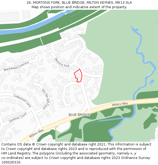 26, MORTONS FORK, BLUE BRIDGE, MILTON KEYNES, MK13 0LA: Location map and indicative extent of plot