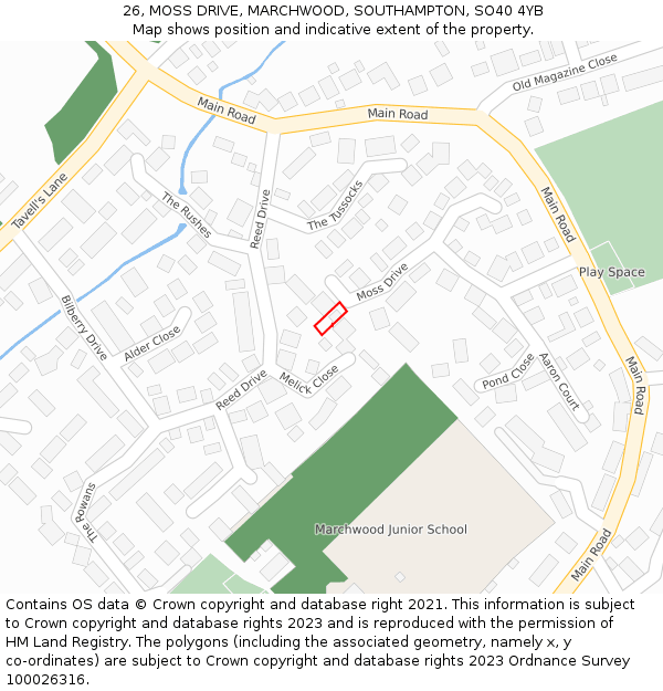 26, MOSS DRIVE, MARCHWOOD, SOUTHAMPTON, SO40 4YB: Location map and indicative extent of plot