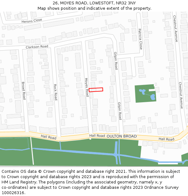 26, MOYES ROAD, LOWESTOFT, NR32 3NY: Location map and indicative extent of plot
