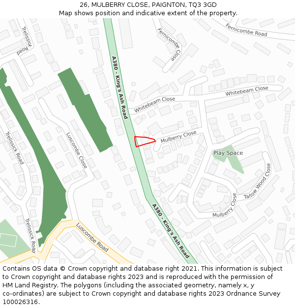 26, MULBERRY CLOSE, PAIGNTON, TQ3 3GD: Location map and indicative extent of plot