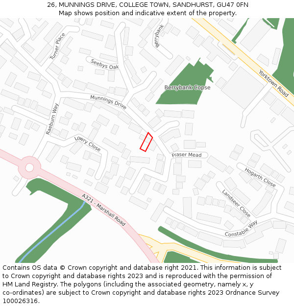 26, MUNNINGS DRIVE, COLLEGE TOWN, SANDHURST, GU47 0FN: Location map and indicative extent of plot
