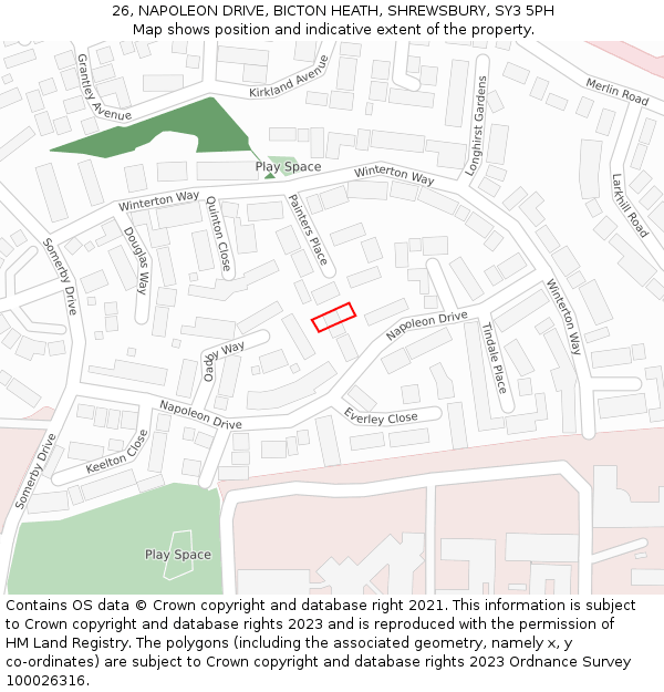26, NAPOLEON DRIVE, BICTON HEATH, SHREWSBURY, SY3 5PH: Location map and indicative extent of plot