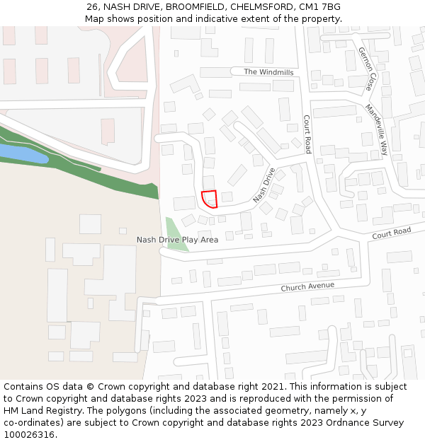 26, NASH DRIVE, BROOMFIELD, CHELMSFORD, CM1 7BG: Location map and indicative extent of plot