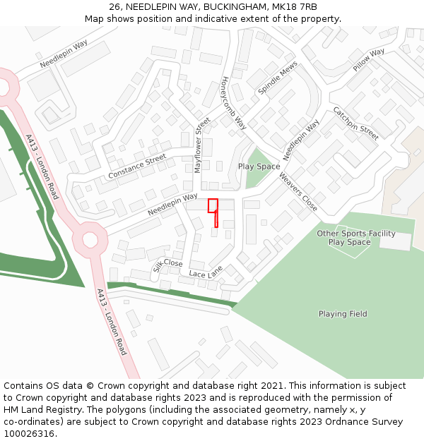 26, NEEDLEPIN WAY, BUCKINGHAM, MK18 7RB: Location map and indicative extent of plot