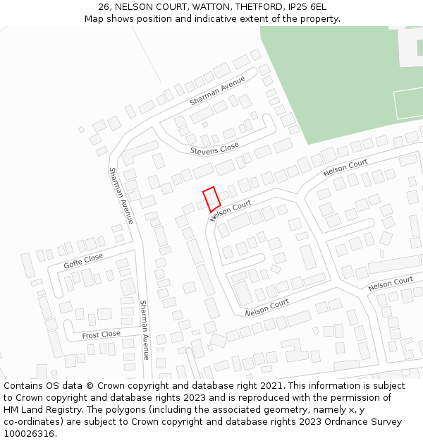 26, NELSON COURT, WATTON, THETFORD, IP25 6EL: Location map and indicative extent of plot