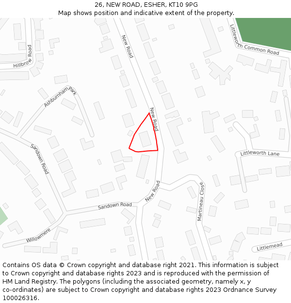 26, NEW ROAD, ESHER, KT10 9PG: Location map and indicative extent of plot