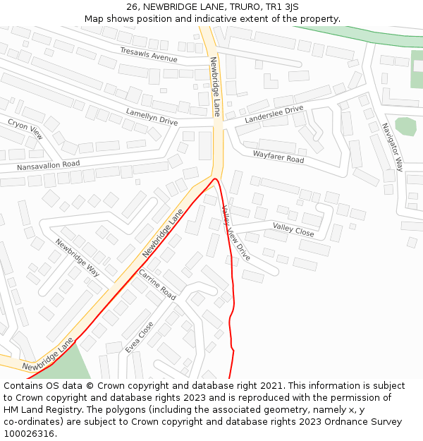 26, NEWBRIDGE LANE, TRURO, TR1 3JS: Location map and indicative extent of plot