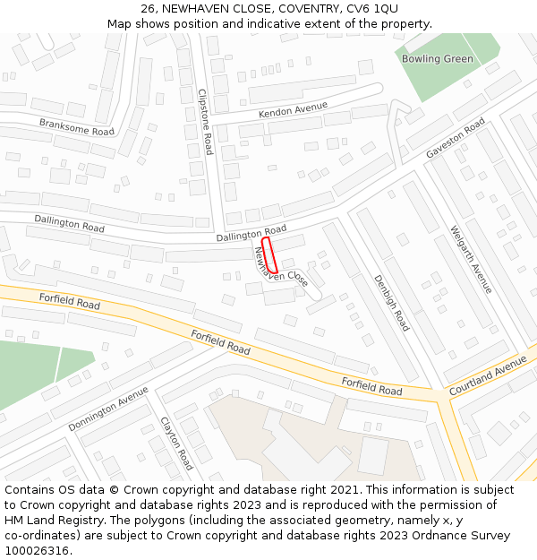 26, NEWHAVEN CLOSE, COVENTRY, CV6 1QU: Location map and indicative extent of plot