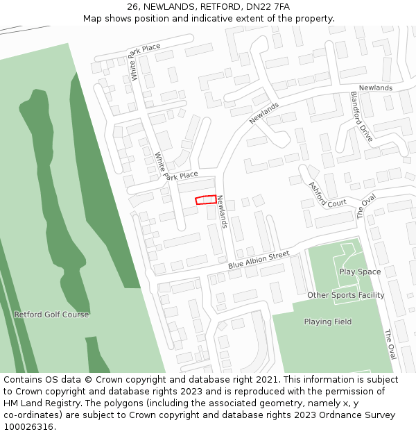 26, NEWLANDS, RETFORD, DN22 7FA: Location map and indicative extent of plot