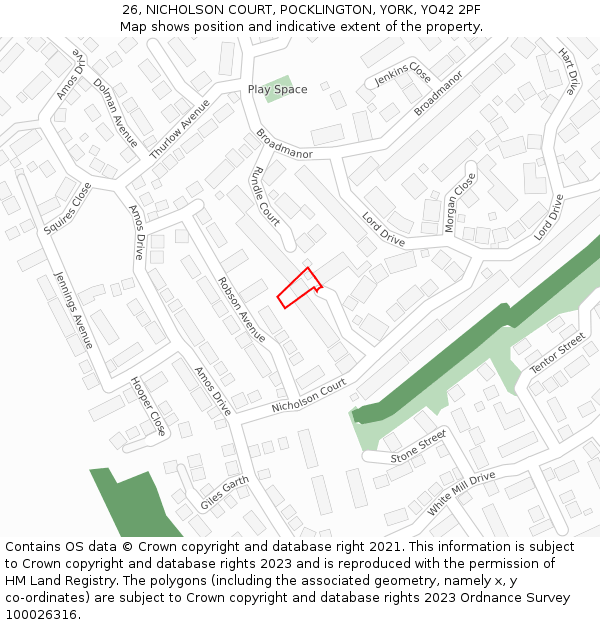 26, NICHOLSON COURT, POCKLINGTON, YORK, YO42 2PF: Location map and indicative extent of plot