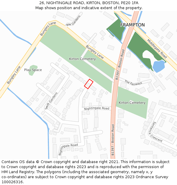 26, NIGHTINGALE ROAD, KIRTON, BOSTON, PE20 1FA: Location map and indicative extent of plot