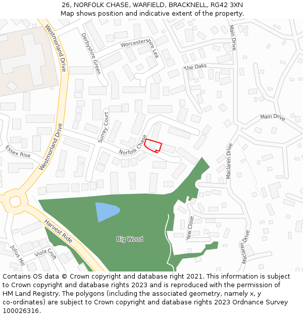 26, NORFOLK CHASE, WARFIELD, BRACKNELL, RG42 3XN: Location map and indicative extent of plot