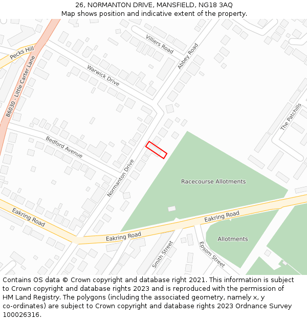 26, NORMANTON DRIVE, MANSFIELD, NG18 3AQ: Location map and indicative extent of plot