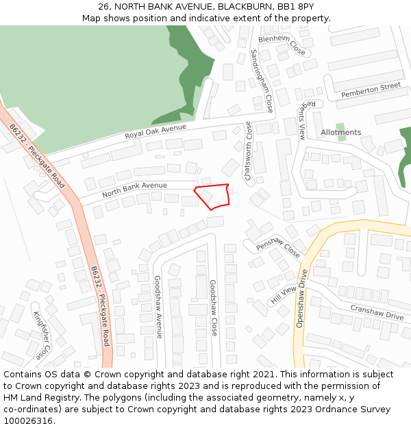 26, NORTH BANK AVENUE, BLACKBURN, BB1 8PY: Location map and indicative extent of plot