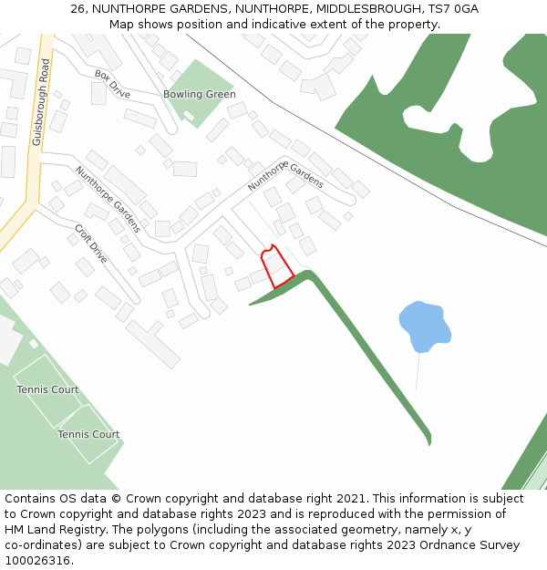 26, NUNTHORPE GARDENS, NUNTHORPE, MIDDLESBROUGH, TS7 0GA: Location map and indicative extent of plot