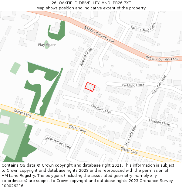 26, OAKFIELD DRIVE, LEYLAND, PR26 7XE: Location map and indicative extent of plot