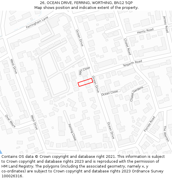 26, OCEAN DRIVE, FERRING, WORTHING, BN12 5QP: Location map and indicative extent of plot