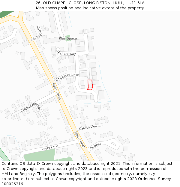 26, OLD CHAPEL CLOSE, LONG RISTON, HULL, HU11 5LA: Location map and indicative extent of plot