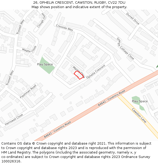 26, OPHELIA CRESCENT, CAWSTON, RUGBY, CV22 7DU: Location map and indicative extent of plot