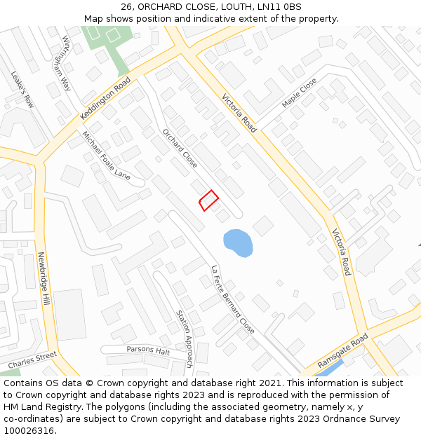 26, ORCHARD CLOSE, LOUTH, LN11 0BS: Location map and indicative extent of plot
