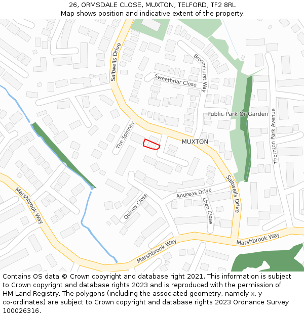 26, ORMSDALE CLOSE, MUXTON, TELFORD, TF2 8RL: Location map and indicative extent of plot