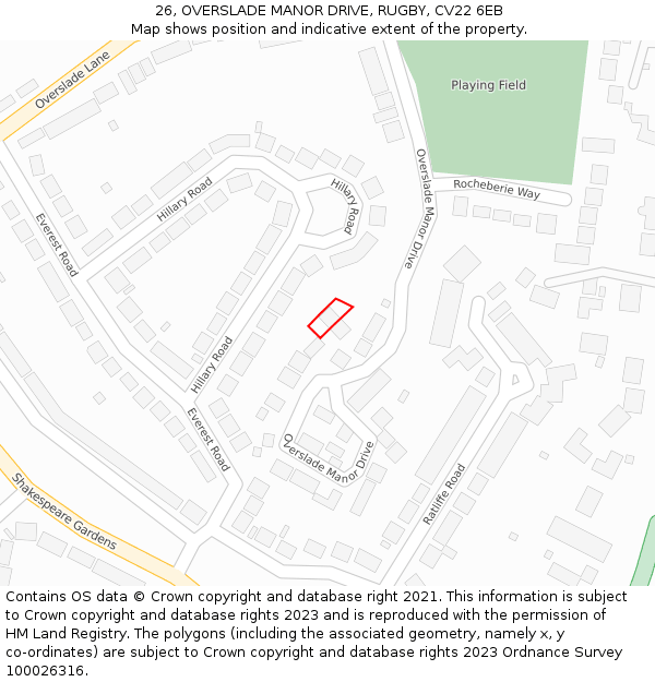 26, OVERSLADE MANOR DRIVE, RUGBY, CV22 6EB: Location map and indicative extent of plot