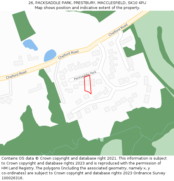 26, PACKSADDLE PARK, PRESTBURY, MACCLESFIELD, SK10 4PU: Location map and indicative extent of plot