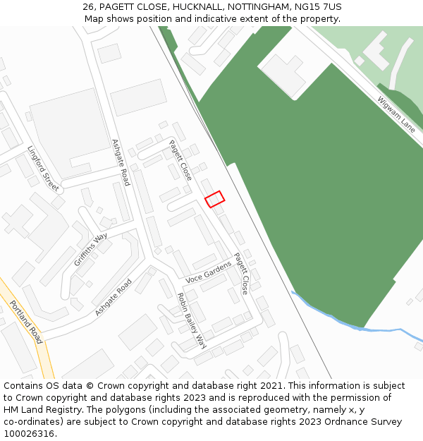 26, PAGETT CLOSE, HUCKNALL, NOTTINGHAM, NG15 7US: Location map and indicative extent of plot