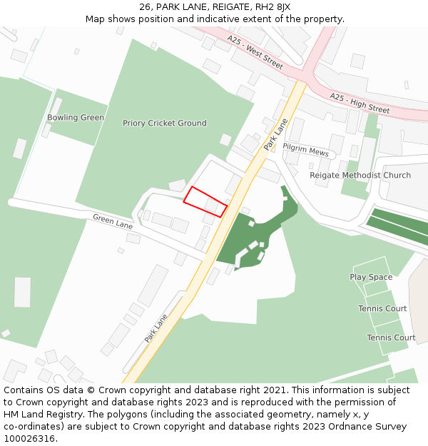 26, PARK LANE, REIGATE, RH2 8JX: Location map and indicative extent of plot