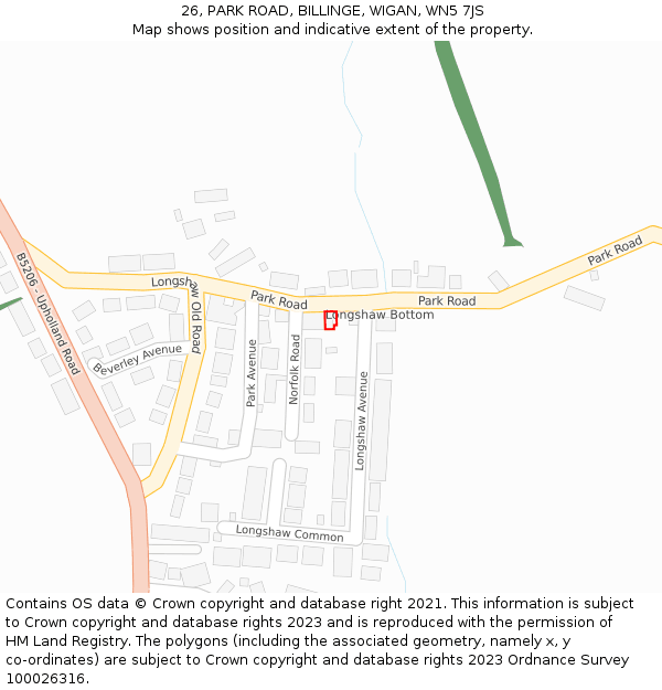 26, PARK ROAD, BILLINGE, WIGAN, WN5 7JS: Location map and indicative extent of plot
