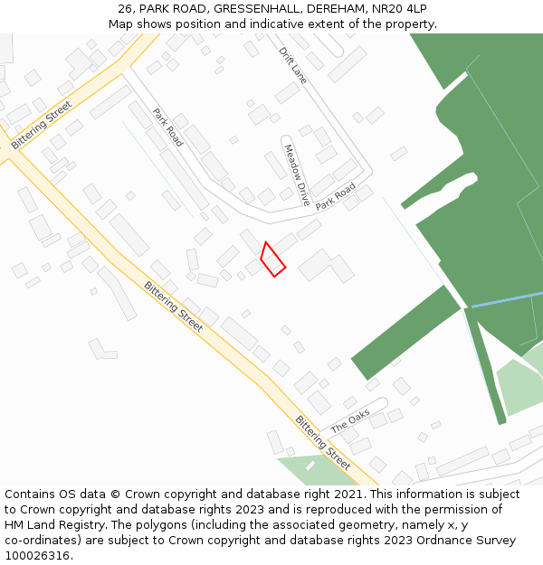 26, PARK ROAD, GRESSENHALL, DEREHAM, NR20 4LP: Location map and indicative extent of plot