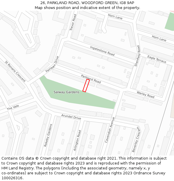 26, PARKLAND ROAD, WOODFORD GREEN, IG8 9AP: Location map and indicative extent of plot