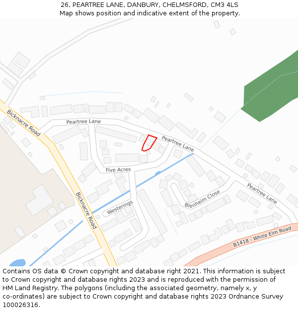 26, PEARTREE LANE, DANBURY, CHELMSFORD, CM3 4LS: Location map and indicative extent of plot